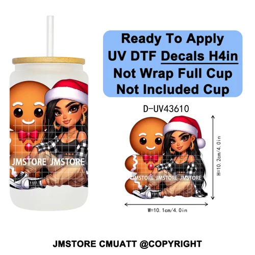 Mexican Girl Christmas Gingerbread UV DTF Cup Decals Ready To Apply Transfer Stickers Durable Custom Labels For Libbey Glass Can