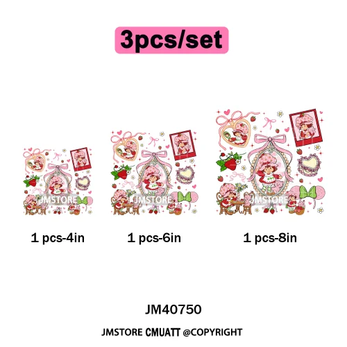 Sweet Strawberry Friends 80s Girl Cartoon Pink Coquette Bows Iron on DTF Washable Transfers Stickers Ready to Press for Clothing