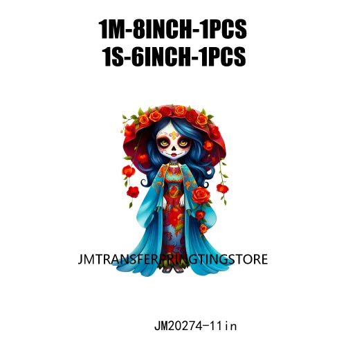 Cute Doll La Catrina Day Of The Dead Sugar Skull Mexican Halloween Iron On DTF Transfer Stickers Ready To Press For Hoodies Bags