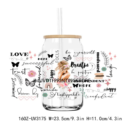 Books And Coffee Inspirational Girl UV DTF Sticker For 16OZ Libbey Glass Cup Can Wrap Transfer Sticker Custom Labels DIY Logo