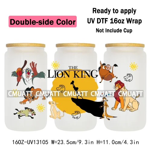 Double Side Color Cartoon Lion UV DTF Cup Wrap Transfer Stickers For 16oz Libbey Glass Beer Selfadhesive Waterproof Adhesive