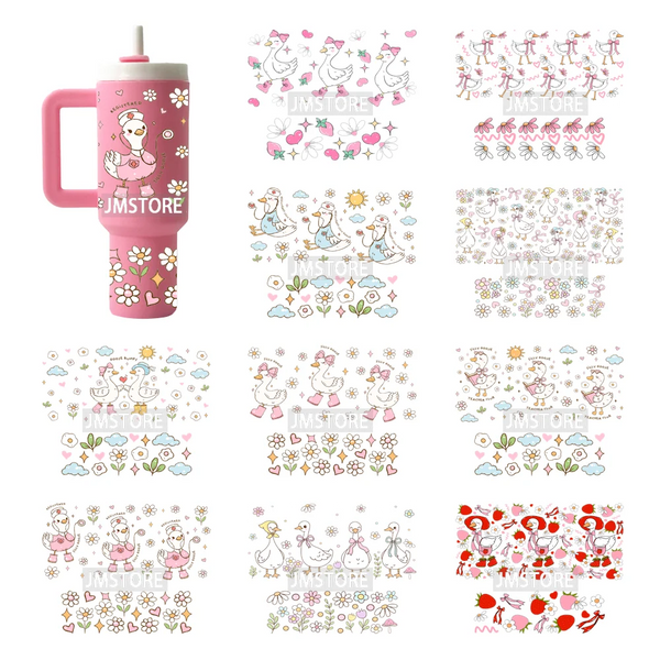 Pink Coquette Bow Goose Daisy Flower UV DTF Mini Tumbler Keychain Wraps Ready To Apply Transfer Stickers Prints Waterproof Decal