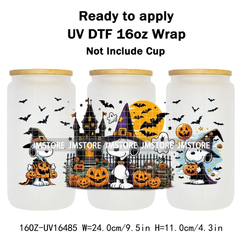 Spooky Ghost Halloween Pumpkin Cartoon Dog 16OZ UV DTF Cup Wraps Ready To Apply Waterproof Transfer Sticker For Libbey Glass Can