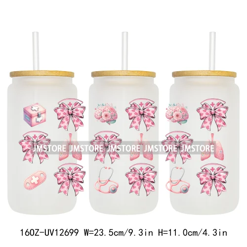 Nurse Life Quotes Coquette Heart Stethoscope Bow 16OZ UV Cup Wrap DTF Transfer Stickers Logo For Libbey Glass Can Cups Tumbler