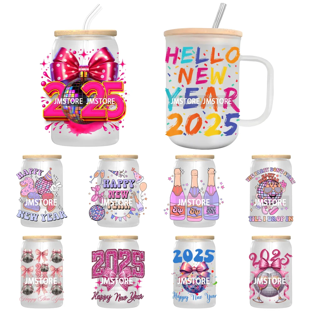 Retro Happy New Year 2025 Coquette Bow UV DTF Transfer Stickers Decals For Libbey Cold Cups Mugs Tumbler Waterproof Custom Logo