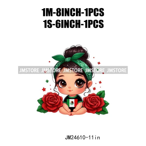 Cute Chibi Mexican Girl Designs Hispanic Red Rose Green Coquette Bow Latina Princess Iron On DTF Transfers Stickers For T-shirts