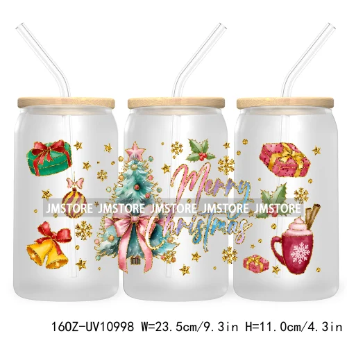 Coquette Glitter Holly Jolly Christmas Tree UV DTF Cup Wrap For Libbey Glass Can Transfer Stickers Waterproof Custom Labels Gift