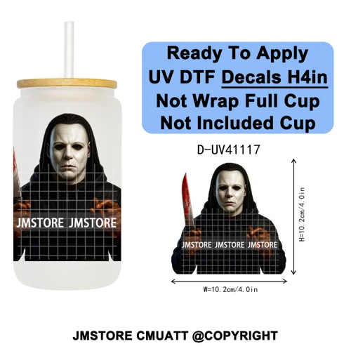 Black Horror Dad Halloween Spooky Daddy UV DTF Decals Ready To Apply Waterproof Transfer Stickers For 16OZ Libbey Glass Can Cups