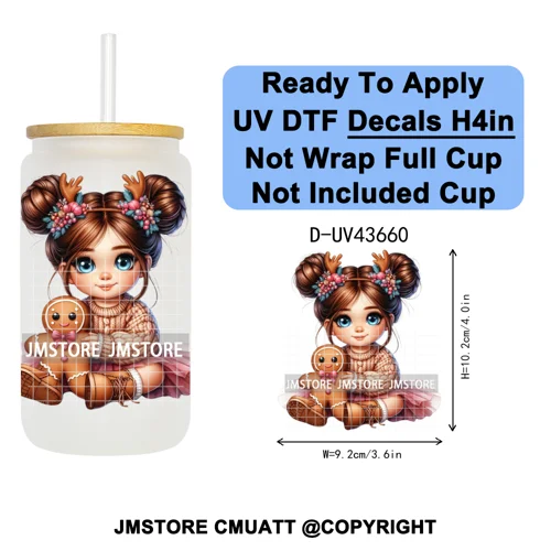 Floral Christmas Latina Chibi Girl UV DTF Transfer Stickers Decals Ready To Apply Good Quality Prints For Libbey Cold Cup Mugs