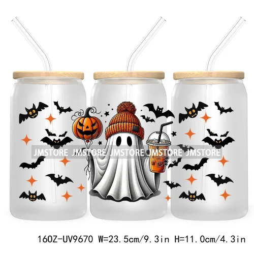 Spooky Ghost Fall Halloween Pumpkin Season UV DTF Sticker For 16OZ Libbey Glass Cup Can Autumn Leaves Wrap Transfer Stickers