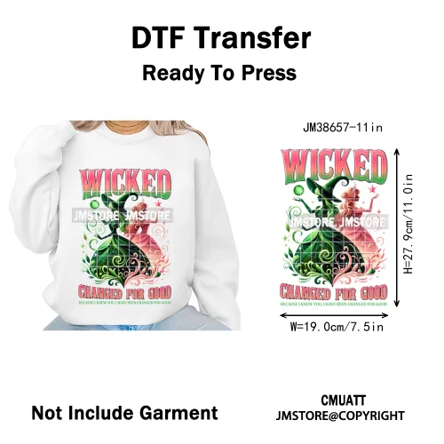 Witch Changed For Good Faux Glitter Pink and Green Movie Iron on DTF Washable Transfers Stickers Ready to Press for Clothes Bags