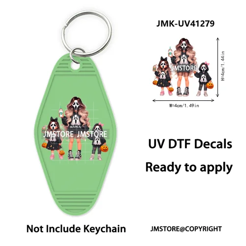Halloween Horror Mama Kids Ghost Girl Coffee UV DTF Motel Keychain Decal Ready To Ship Transfer Sticker Print For Hotel Keychain
