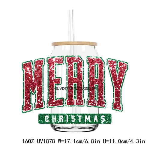 Merry Christmas Sequin 16OZ UV DTF Cup Wrap Transfers Stickers Custom Labels DIY Durable Waterproof Logo For Libbey Glass Can