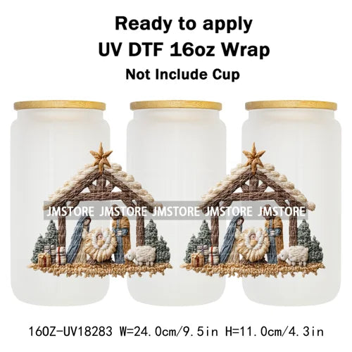 Faux Yarn Crochet Jesus Christmas Religious UV DTF Stickers Ready To Apply Cup Wrap Custom Labels DIY Craft For Libbey Glass Can