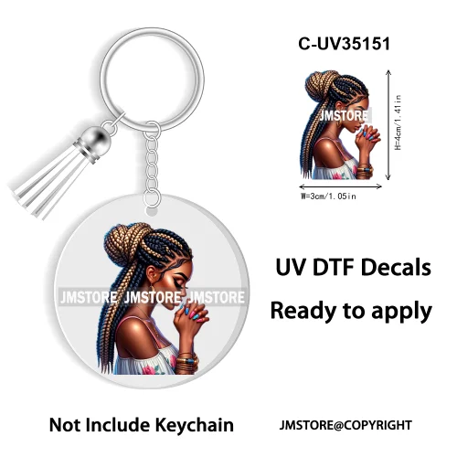 Christian Jesus God Pray Afro Girl UV DTF Decal Round Keychain Ready To Apply WaterProof Transfer Stickers For Circle Keychain