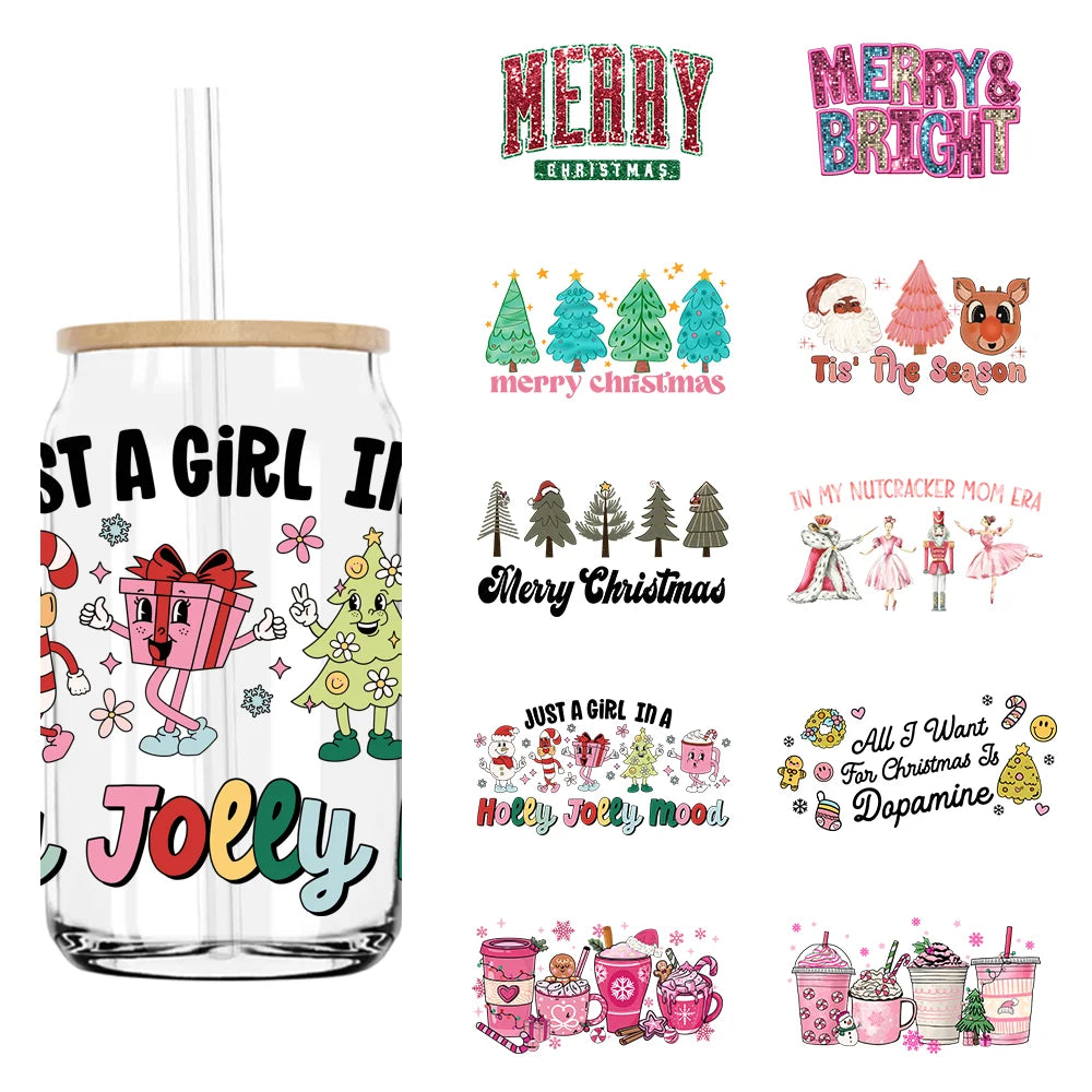 Merry Christmas Sequin 16OZ UV DTF Cup Wrap Transfers Stickers Custom Labels DIY Durable Waterproof Logo For Libbey Glass Can