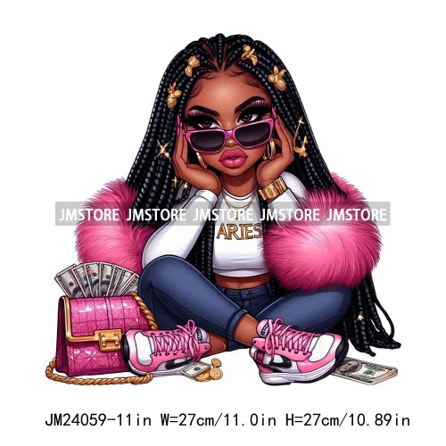 Afro Girl With Purse Money Zodiac Astrology Horoscope Urban Hip Hop Rich Black Melanin Iron On DTF Transfer Stickers For Hoodies