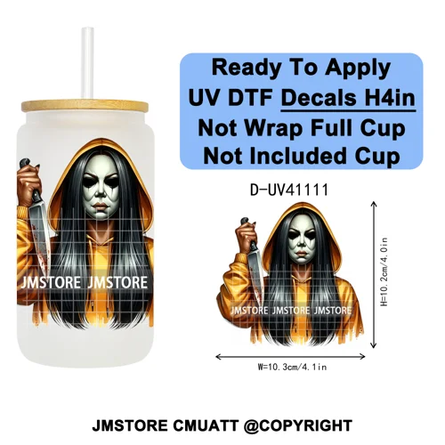 Scary Movie Character Afro Girls Halloween UV DTF Transfer Stickers Decals Ready To Apply Waterproof For 16OZ Libbey Glass Can