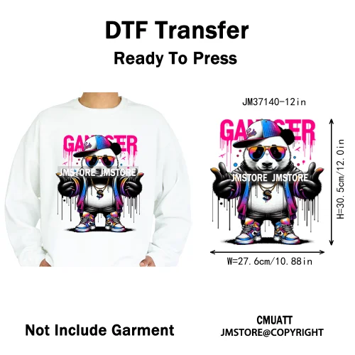 12in Colorful Gangster Urban Hip Hop Music Panda Dog Animal Lover Iron on DTF Heat Transfer Stickers Ready to Press for Clothing