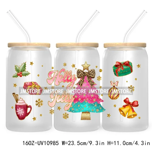 Coquette Glitter Holly Jolly Christmas Tree UV DTF Cup Wrap For Libbey Glass Can Transfer Stickers Waterproof Custom Labels Gift