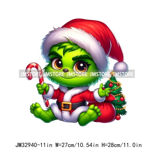 Cute Green Baby Cartoon Santa Claus Christmas Vibes Xmas Holiday Iron On DTF Transfers Stickers Ready To Press For Sweatshirts