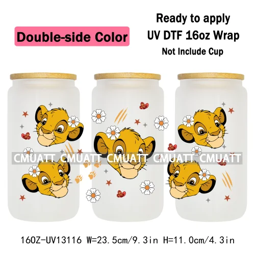 Double Side Color Cartoon Lion UV DTF Cup Wrap Transfer Stickers For 16oz Libbey Glass Beer Selfadhesive Waterproof Adhesive