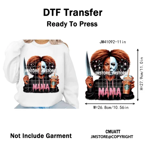Horror Afro Mama Coffee Lover Scary Girly Killer Halloween Movie Iron on DTF Transfers Stickers Ready to Press for Textile Bags