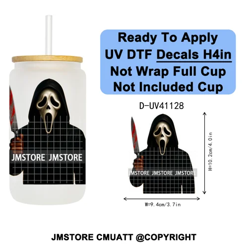 Black Horror Dad Halloween Spooky Daddy UV DTF Decals Ready To Apply Waterproof Transfer Stickers For 16OZ Libbey Glass Can Cups