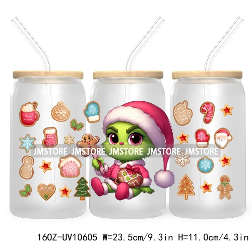 Cute Baby Green Character Christmas Season 16OZ UV Cup Wrap DTF Transfer Stickers For Libbey Glass Can Cups Tumbler Coquette Bow