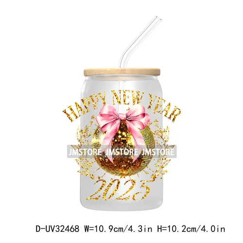 Retro Happy New Year 2025 Coquette Bow UV DTF Transfer Stickers Decals For Libbey Cold Cups Mugs Tumbler Waterproof Custom Logo