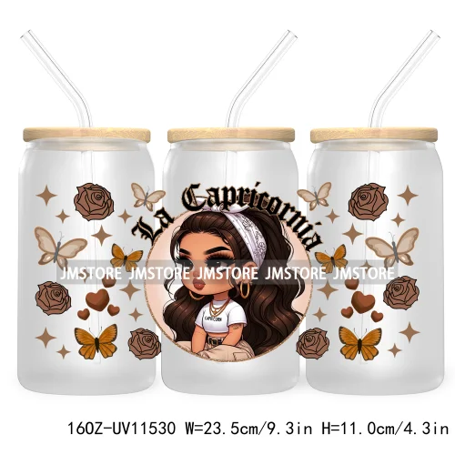 Chicana Chola Zodiac Chibi Latina Girls 16OZ UV DTF Cup Wrap Transfer Stickers Waterproof For Libbey Glass Can Horoscope Signs