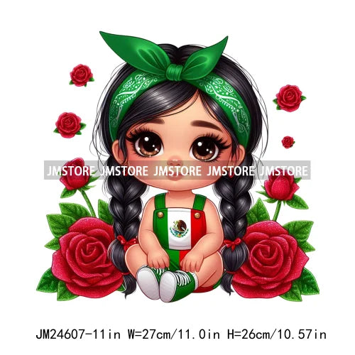 Cute Chibi Mexican Girl Designs Hispanic Red Rose Green Coquette Bow Latina Princess Iron On DTF Transfers Stickers For T-shirts