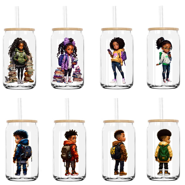 Back To School Black Girl Boy UV DTF Transfers Stickers Decals For Libbey Cold Cups Mugs Tumbler Waterproof DIY Craft