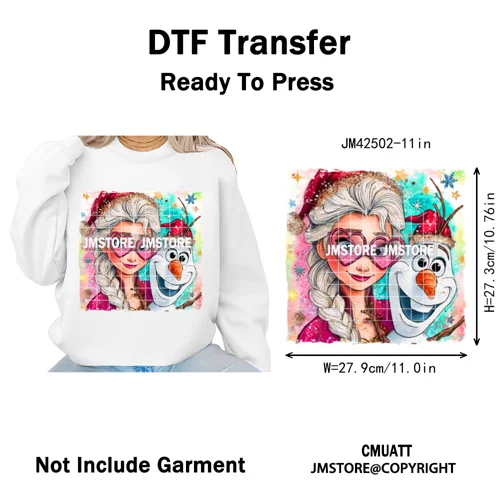 Glasses Cartoon Princess Animal Christmas Brushstroke Festive Vibes Iron on DTF Transfers Stickers Ready to Press for Hoodies