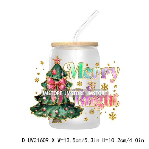 Merry Bright Coquette Bow Glitter Christmas Tree Girly UV DTF Transfer Stickers Decals For Libbey Cold Cup Mug Tumbler Durable