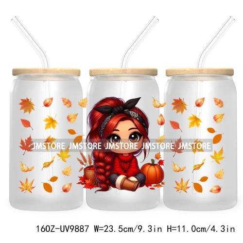 Mexican Latina Chibi Autumn Baby Girl UV DTF Sticker For 16OZ Libbey Glass Cup Can Wrap Transfer Stickers Custom Labels DIY Logo