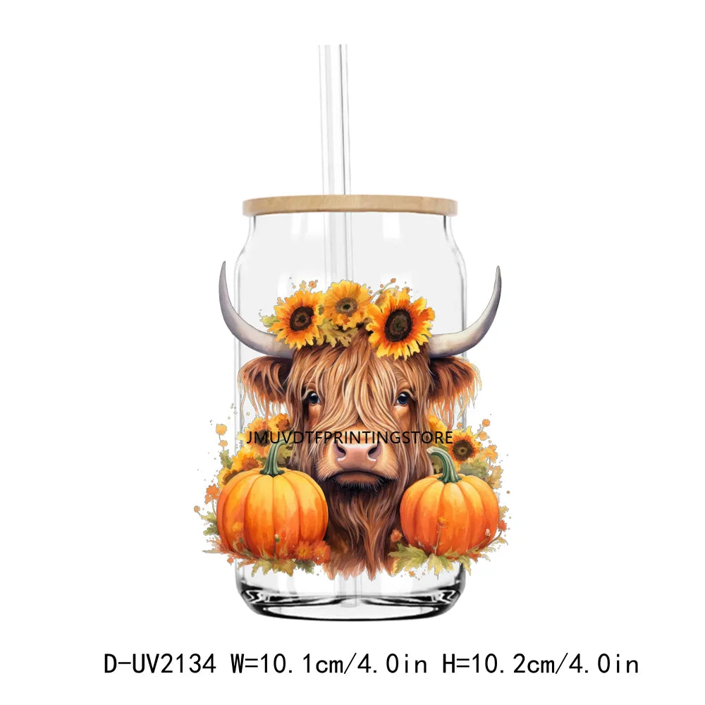 Howdy Fall Highland Cow Pumpkin UV DTF Transfers Stickers Decals For Libbey Cold Cups Mugs Tumbler Waterproof DIY Craft