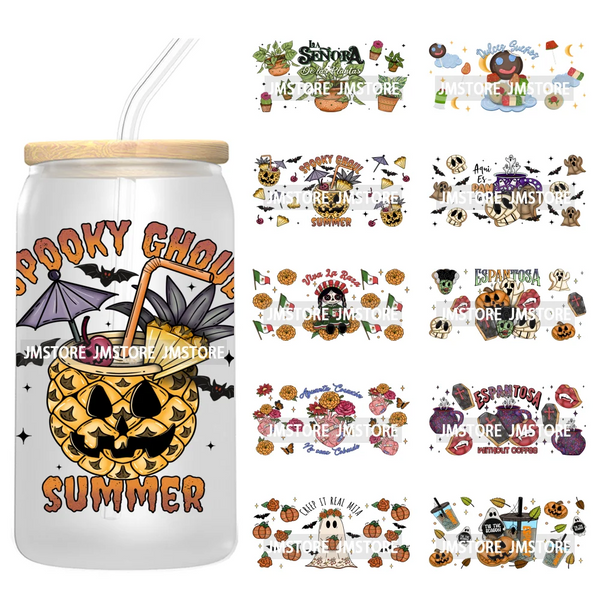 Spooky Conchas Mexican Halloween Ghost UV DTF Wraps Transfer Sticker Selfadhesive Waterproof Labels For 16OZ Libbey Glass Can