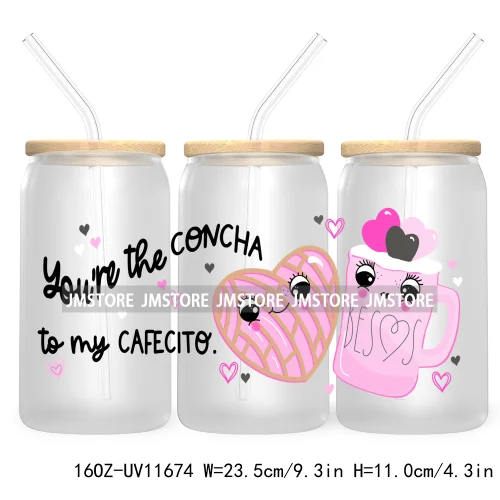 Love Mexican Concha Cafecito Valentine Day UV DTF Cup Wrap Transfer Sticker For 16OZ Libbey Glass Can Custom Logo Coquette Heart