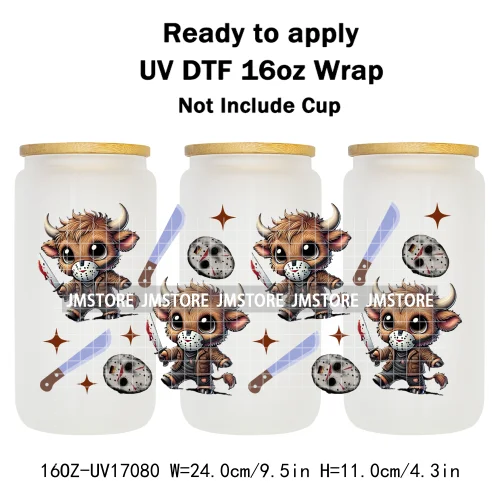 Highland Cow Horror Killer Halloween UV DTF Stickers Ready To Apply Cup Wrap Custom Labels DIY Craft For 16OZ Libbey Can Glass