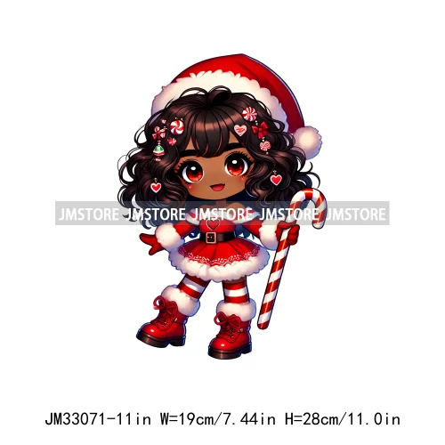 Chibi Candy Santa Girl African American Characters Merry Christmas Gift Iron On DTF Transfer Stickers Ready To Press For Clothes