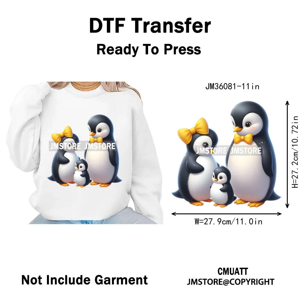 Cute Animal Penguins Coquette Hat Family Mom Father Baby Lovers Iron on DTF Heat Transfer Stickers Ready to Press for Hoodies