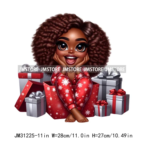 Merry And Bright Melanin Christmas Winter Festive Cheer Santa Woman Iron On DTF Transfer Stickers Ready To Press For Sweatshirts