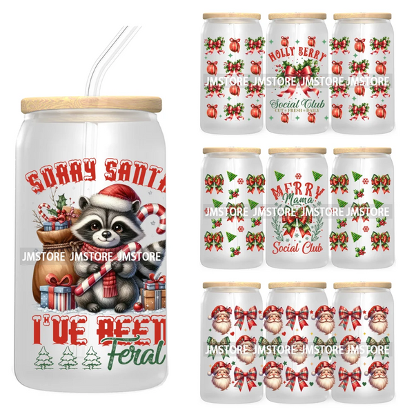 Merry Mama Social Club UV DTF Cup Wraps Transfers Sticker For 16OZ Libbey Glass Can Holiday Christmas Santa Tree Coquette Bow