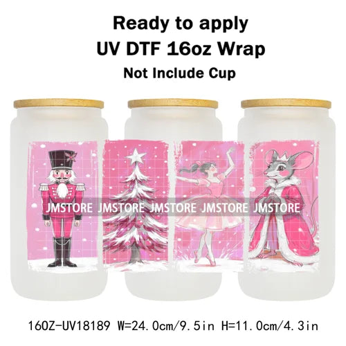 Faux Glitter Preppy Nutcracker Christmas UV DTF Cup Wrap Ready To Apply Transfer Sticker 16OZ Tumbler Wraps For Libbey Glass Can