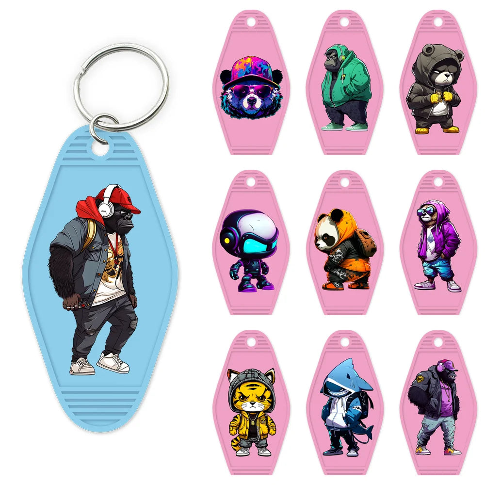 Cool Cartoon Animals High Quality WaterProof UV DTF Sticker For Motel Hotel Keychain Hip Pop Panda Bears