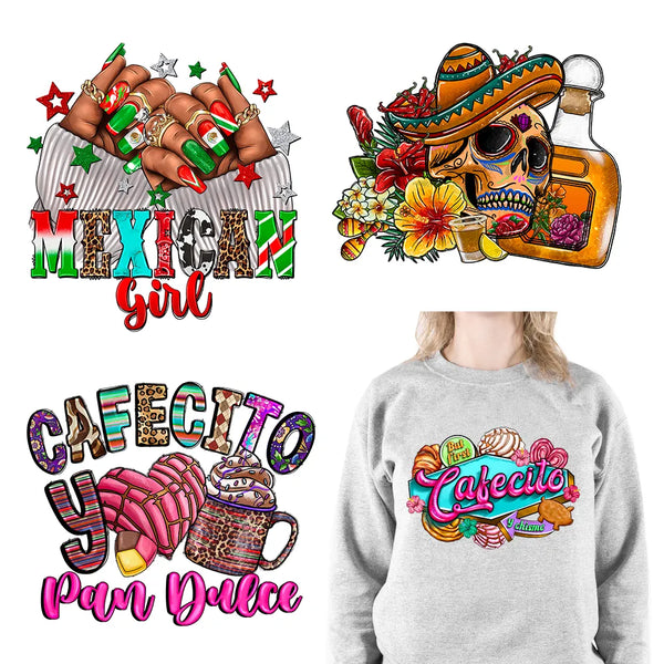 Periodt Bonita Mexican Girl Woman Nails Logos Tacos Cafecito Y Chisme Iron On Love Mexico DTF Transfer Stickers For T-Shirts