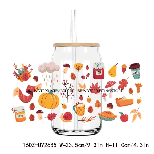 Birds With Autumn Leaves UV DTF Sticker For 16OZ Libbey Glass Cup Can Wrap Transfer Sticker Custom Labels DIY Logo Fall Pumpkin