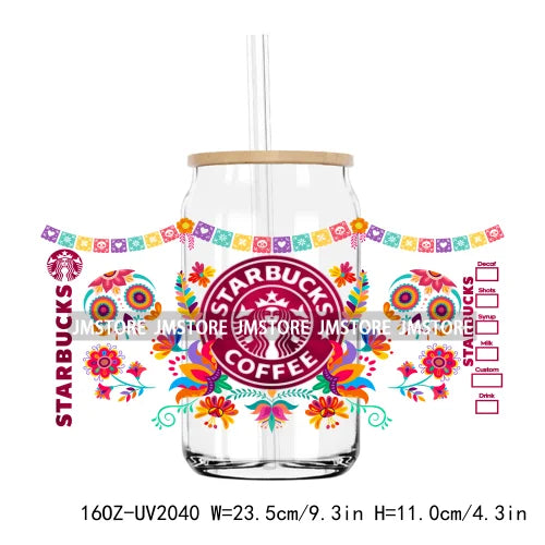 Cartoon La Catrina Dia De Los Muertos 16OZ UV DTF Cup Wrap Transfers Stickers Custom Labels Waterproof Logo For Libbey Glass Can