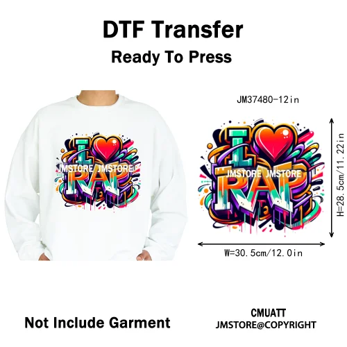 12in Graffiti Hip Hop Music Rap King Lover Video Pro Games Iron on Diy DTF Thermal Transfer Stickers Ready to Press for Clothing